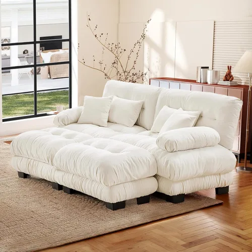 Miniatura 65 de Reposapiés Otomano Tapizado de Terciopelo con Cojín para Sofá Seccional Sofá 300 libras para Sala de Estar (Beige)