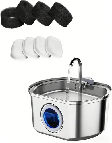 Fuente de agua para gatos de acero inoxidable, dispensador automático de agua para mascotas de 108 oz/3.2 L con ventana de nivel de agua, bomba