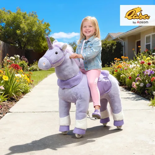Miniatura 2 de Qaba Caballo de montar para niños de 4 a 7 años, unicornio de felpa de 37.8 pulgadas de altura, animal caballo que camina con ruedas rodantes