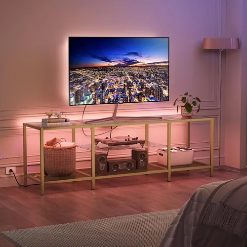 Miniatura 2 de HOOBRO Soporte de TV con luces LED y tomas de corriente para televisores de hasta 65 pulgadas, moderna mesa consola de TV de vidrio templado de 55