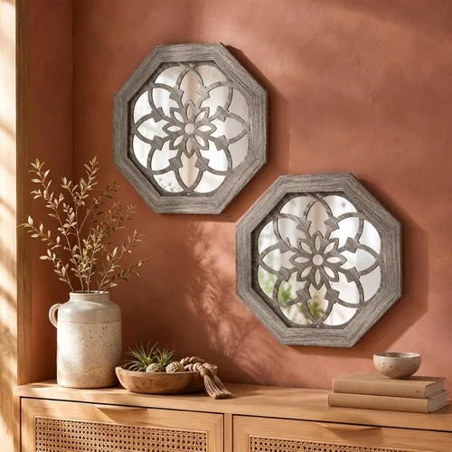 Paquete de 2 espejos de pared acrílicos con marco de madera rústica octagonal marrón octagonal de 12 pulgadas, decoración de pared bohemia para sala