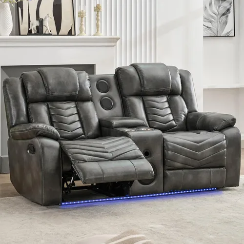 Miniatura 17 de Sofá reclinable manual con altavoces de graves para sala de estar, sofá biplaza reclinable eléctrico de cuero con luces LED, reclinables dobles, 2