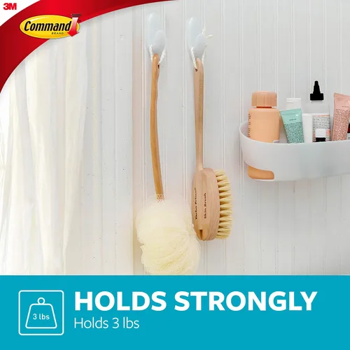 Miniatura 3 de Command Ganchos medianos de baño, capacidad de 3 libras, 2 ganchos, 2 tiras, organizan sin daños Blanco
