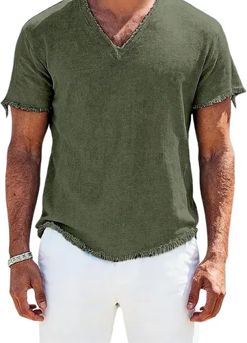Miniatura 2 de Mens Cotton Linen Short Sleeve Shirts Retro Frayed Casual V-Neck Beach Hippie Tshirts Lightweight Summer Resort Tops