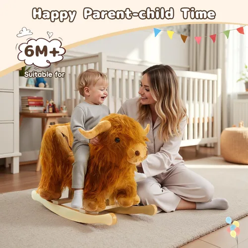 Miniatura 7 de Caballo mecedora bebé, caballo de madera de ganado Highlander para niños de 1 año lindo vaca de peluche suave cabalgadura juguete mecedora animal