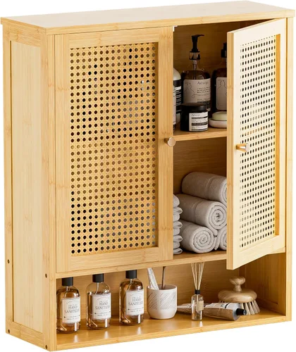 Miniatura 8 de HITNET Gabinete de baño montado en la pared, gabinete colgante de ratán, gabinete de pared de baño que ahorra espacio con 2 puertas y estantes Negro