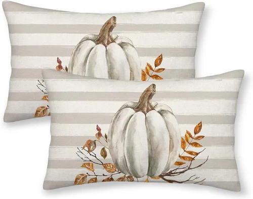 Miniatura 34 de AEIOAE - Juego de 2 fundas cuadradas de almohadones de lino para otoño con calabaza en tono naranja quemado y blanco, para decoración al aire libre