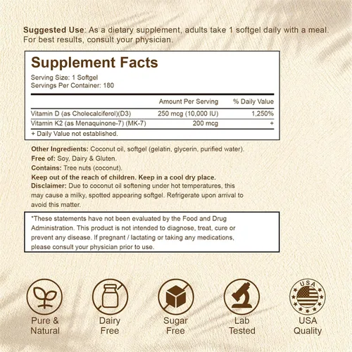 Miniatura 2 de Suplemento de vitamina D3 K2 2 en 1 Softgel, vitamina D3 10000 UI y vitamina K2 200 mcg, K2 MK7 con suplemento de vitamina D3 que apoya la salud