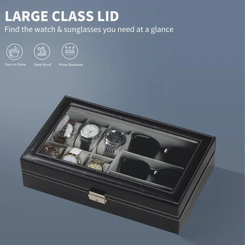 Miniatura 6 de AUTOARK AW-004 - Caja de cuero para 6 relojes y 3 lentes y gafas de sol con organizador de joyas, cajas de almacenamiento para hombre y mujer, tapa