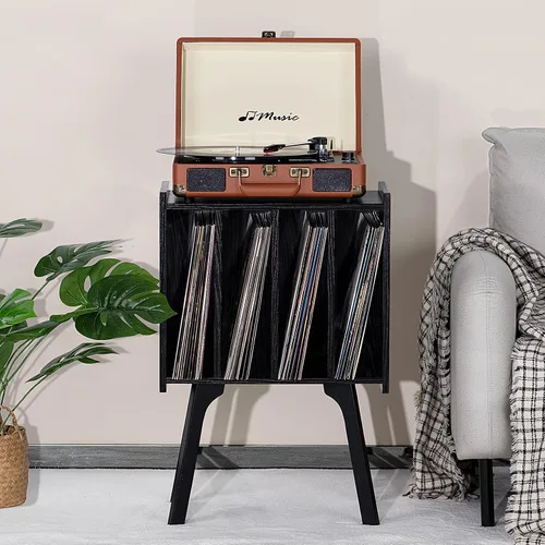 Miniatura 3 de LELELINKY - Soporte pequeño para tocadiscos de 11.7 pulgadas de ancho, mesa de almacenamiento para discos de vinilo color negro con 4 gabinetes