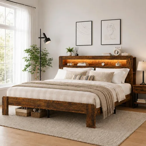 Miniatura 8 de Marco de Cama de Madera Tamaño Full con Cabecera de Almacenamiento, Marco de Cama de Plataforma Estilo Granja con Estante de Librería y Luces LED