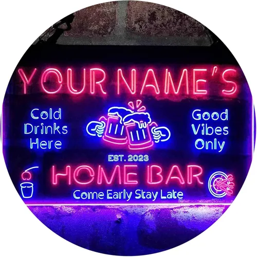 ADVPRO personalizado: tu nombre, tu bar personalizado, año de fundación, cerveza, letrero de luz LED de neón de dos colores, azul y rojo, de 16 x 12