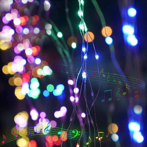 Miniatura 6 de Paquete de 2 tiras de luces de música activadas por sonido, 100 luces LED de alambre plateado de 33 pies con temporizador remoto para dormitorio