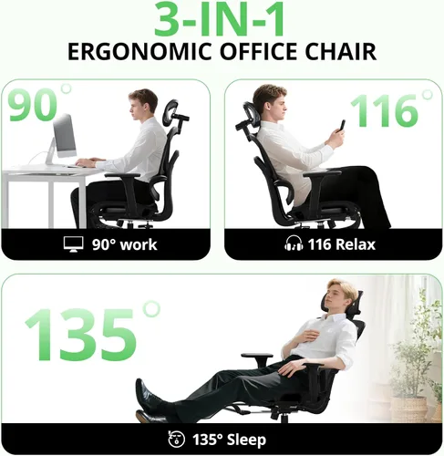 Miniatura 4 de Synorla Silla de oficina ergonómica con reposapiés, silla de escritorio de malla con reclinación de 135°, soporte lumbar ajustable, reposabrazos
