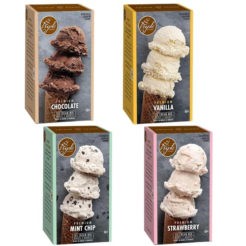 Triple Scoop - Paquete Variado (4) Mezcla para Helado, Mezcla para Máquina de Helados. Simple, Fácil, Delicioso. De Mezcla Gourmet a Máquina en 5