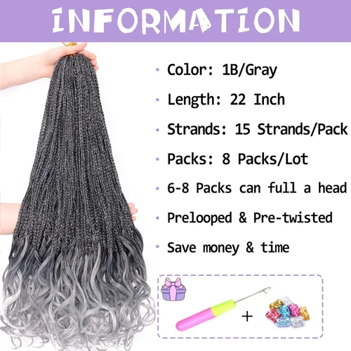 Miniatura 4 de Trenzas de ganchillo rizadas francesas de 22 pulgadas, 8 paquetes, trenzas de caja diosa grises para mujeres, de ganchillo pre-trenzadas con Trenzas