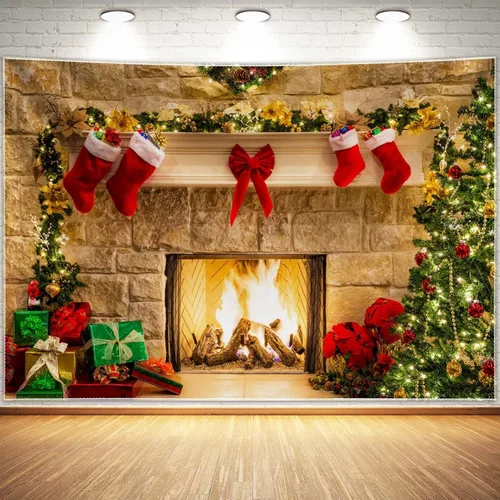 Miniatura 6 de Telón de fondo temático de chimenea navideña de 12 x 8 pies para fotografía, tela suave sin arrugas, calcetines navideños con diseño de árbol
