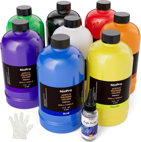 Nicpro Juego de Pintura Acrílica para Vertido a Granel Grande de 8 Colores (33.8 oz, 1000 ml) Kit de Suministros de Pintura de Vertido Artístico