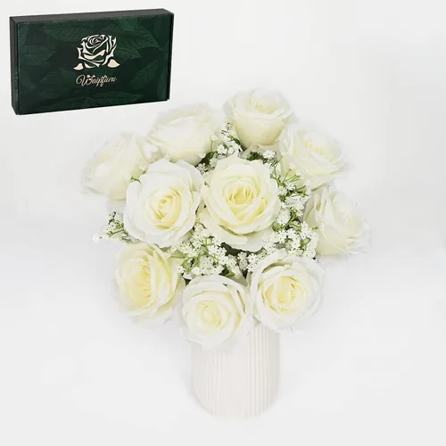 Waipfaru 20 rosas blancas falsas de aliento de bebé, flores artificiales a granel, rosa blanca de seda con tallos largos para ramo de boda, jarrón y