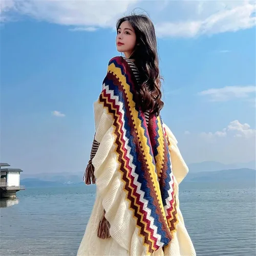 Miniatura 5 de SXLINGDO Poncho cruzado frontal tipo suéter de punto elegante capa de chales, cárdigan bohemio con borla para mujer