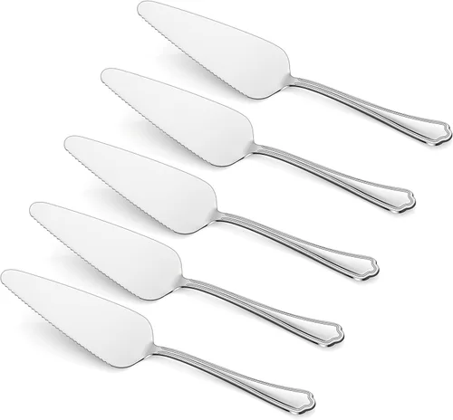 Miniatura 8 de E-far Servidor de pastel de 5 piezas, cortador de espátula de acero inoxidable para pasteles y queso pizza, borde dentado con mango ovalado, pulido