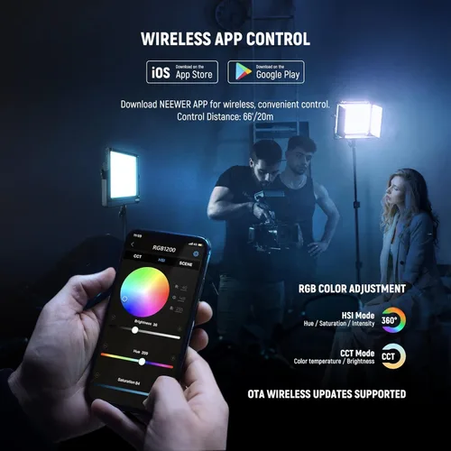 Miniatura 5 de NEEWER Paquete de 2 luces LED de video RGB1200 con control de aplicación/2.4G, kit de iluminación clave con soportes de trípode y bolsa