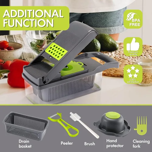 Miniatura 5 de Ourokhome Cortador de cebollas y verduras, cortador profesional de mandolina 12 en 1 para cocina, picador de alimentos multifuncional para papa, Gery