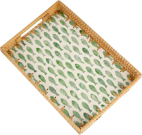 Miniatura 16 de Bandeja rectangular de ratán con incrustaciones de madreperla, bandeja de ratán con asa para café, pan, frutas, aperitivos, bandeja decorativa