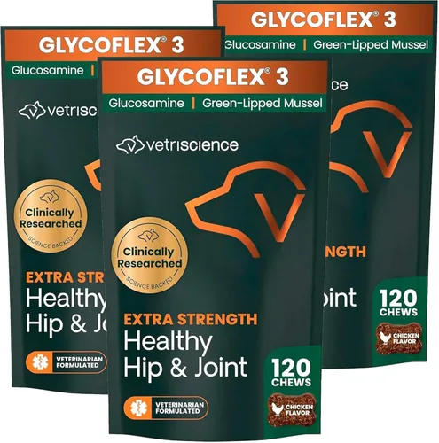 VetriScience Glycoflex 3 Suplemento para cadera y articulaciones para perros, suplemento de máxima fuerza para perros con glucosamina, MSM, mejillón