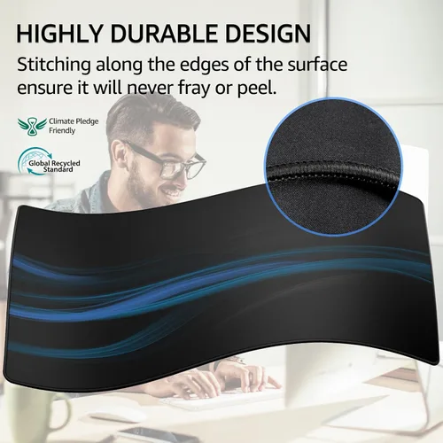 Miniatura 3 de KTRIO - Alfombrilla de mouse grande para juegos con bordes cosidos, extendida, tela microtejida superior, base antideslizante, almohadilla de Negro