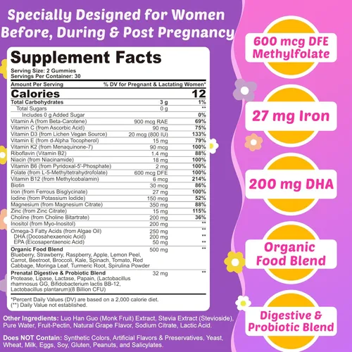 Miniatura 2 de Vitaminas prenatales para mujeres con metilfolato, omega-3 DHA vegano, mezcla de alimentos orgánicos, probióticos, hierro, vitamina D3 B6 B12