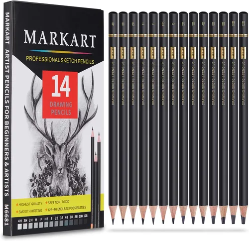 MARKART Juego de lápices de dibujo profesional – 14 lápices de grafito de dibujo artístico (12B - 4H), ideal para dibujar arte, dibujar, sombrear,