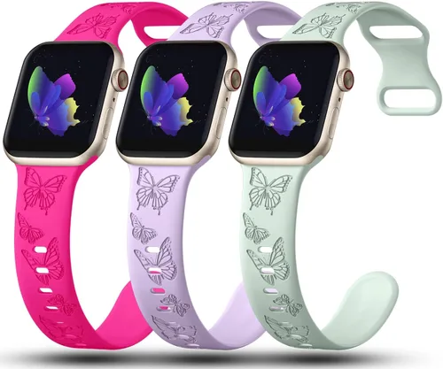 Paquete de 3 correas grabadas con mariposas compatibles con Apple Watch Band de 1.496 pulgadas, 1.575 pulgadas, 1.614 pulgadas, 1.654 pulgadas,