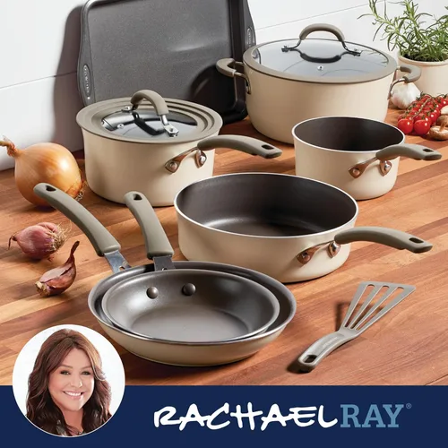 Miniatura 8 de Rachael Ray Cook + Create - Juego de ollas y sartenes antiadherentes, incluye bandeja para hornear y utensilios de cocina, 10 piezas - color almendra