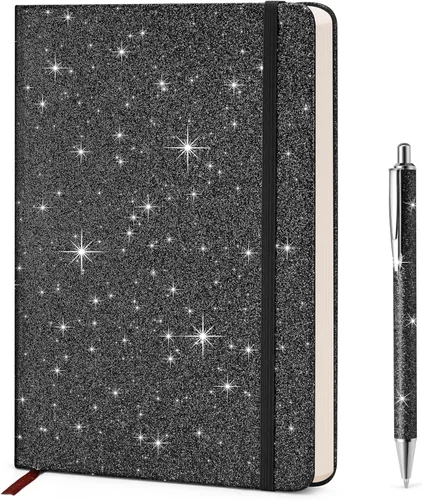 Cuaderno negro con purpurina, 8.4 x 5.7 pulgadas, 200 páginas rayadas, diario brillante sin desprendimiento para niñas y mujeres, diario de tapa