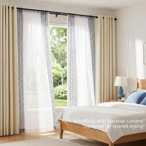 Miniatura 7 de jinchan Cortinas traslúcidas para sala de estar, dormitorio, cortinas azules bohemias bordadas, cortinas de gasa bohemias de 63 pulgadas de largo