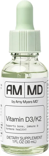Amy Myers MD Vitamina D3/K2 Líquido – Apoya la salud ósea, la función inmune y el equilibrio hormonal – Alta absorción – Sin lácteos, sin gluten – 1