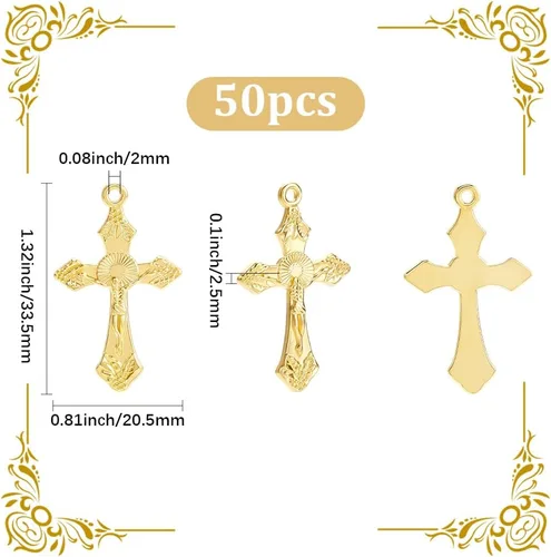 Miniatura 2 de SUNNYCLUE 1 Caja 50 Piezas Dijes de Cruz de Rosario Dijes de Cruz Dorada a Granel Crucifijo de Pascua Pieza Central de Metal Amuleto Elegante