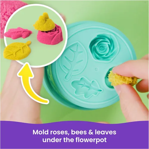 Miniatura 5 de Kinetic Sand, SquishBlossom Flor floreciente con arena de juego amarillo neón y rosa de 8 onzas, maceta y moldes, juguetes sensoriales para artes