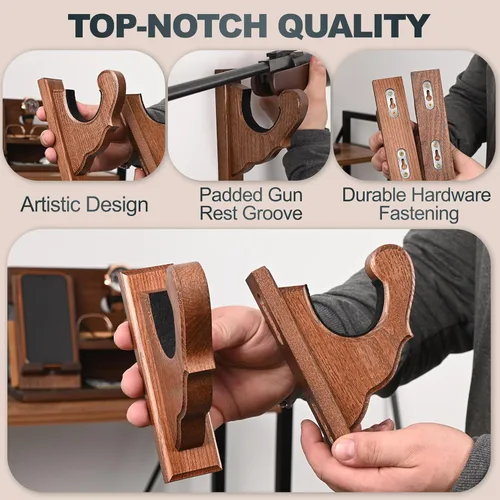 Miniatura 2 de TESLYAR Soporte de pared para rifles, ganchos para pistola con figuras para rifles y escopetas, estante de madera para armas, soporte de madera