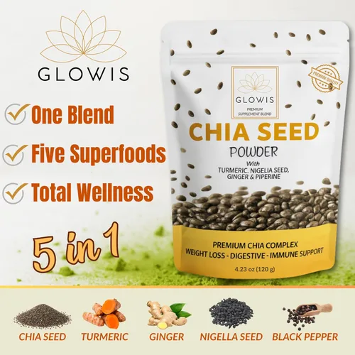 Miniatura 2 de Polvo de semilla de chía orgánica, mezcla de superalimentos 5 en 1 con cúrcuma, jengibre, nigella y pimienta negra, fibra, proteínas y apoyo