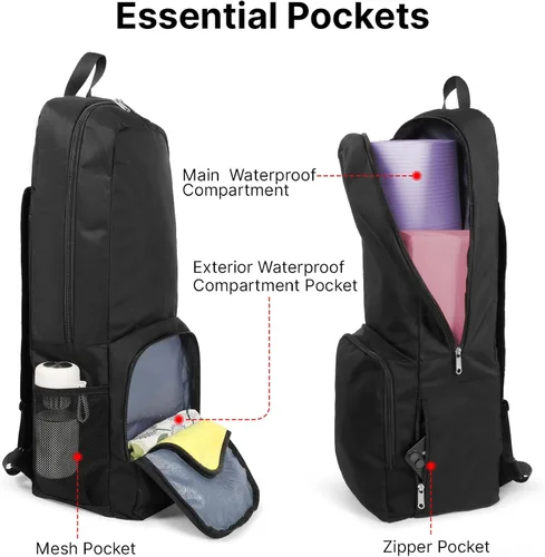 Miniatura 3 de Bolsa para esterilla de yoga, cierre de cremallera, bolsillos esenciales multifuncionales, para ejercicio, esterilla de yoga, mochila Negro