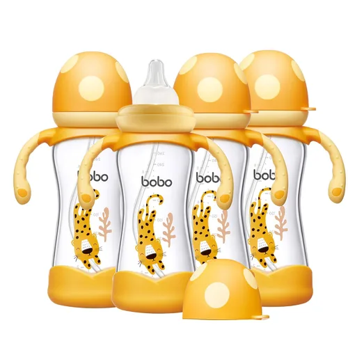 Miniatura 9 de YOHKOH Biberón de vidrio natural con pezón de respuesta natural, biberones de cuello ancho con asa, juego de biberones anticólicos para recién Verde
