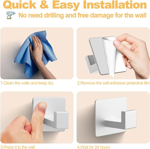 Miniatura 3 de PMMASTO Ganchos adhesivos para toallas, paquete de 4 ganchos de pared de aluminio, gancho de ducha para baño, dormitorio y cocina, color plateado