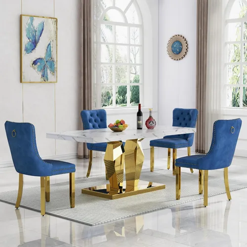 Miniatura 37 de Moderno juego de mesa de comedor de mármol sintético de 68.11 pulgadas para 6, mesa de comedor de mármol blanco y plateado con 6 sillas de Blanco