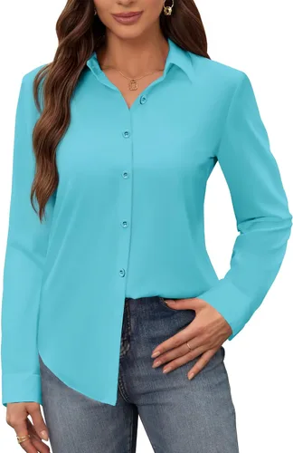 Miniatura 26 de Siliteelon - Camisas de vestir para mujer, a prueba de manchas, sin arrugas, de manga larga, sólidas, para trabajo y negocios, con botones
