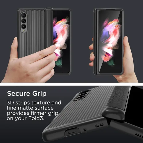 Miniatura 3 de MAKAVO Funda para Samsung Galaxy Z Fold 3 5G con protección de bisagra, protector de pantalla de vidrio templado integrado, ajuste delgado 3D Negro