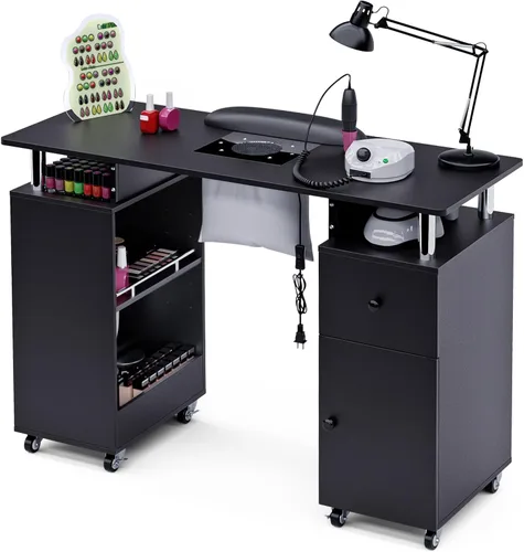 Mesa de manicura HolaiNail, mesa para uñas con recolector de polvo, apoyabrazos, ruedas, cajón y gabinete, estación para salón de belleza, negra