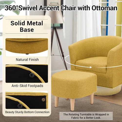 Miniatura 6 de DAZONE Silla giratoria con otomana, modernas sillas de barril de 360° para sala de estar, dormitorio, cómoda silla de lectura tapizada para bañera