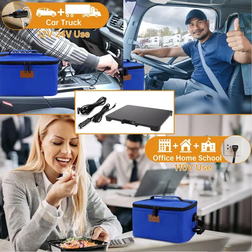 Miniatura 2 de Aotto Horno portátil, lonchera eléctrica, calentador de alimentos – 12 V/24 V/110 V 3 en 1 calentador de alimentos para coche – Fiambrera térmica